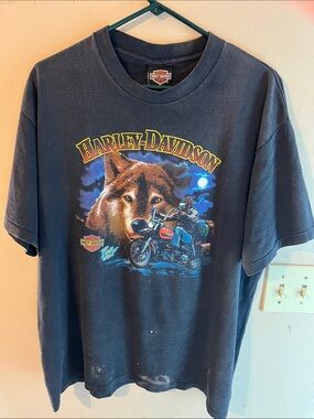VINTAGE 1989 HARLEY DAVIDSON THE LONE WOLF SINGLE STITCH BLACK TEE SIZE XL